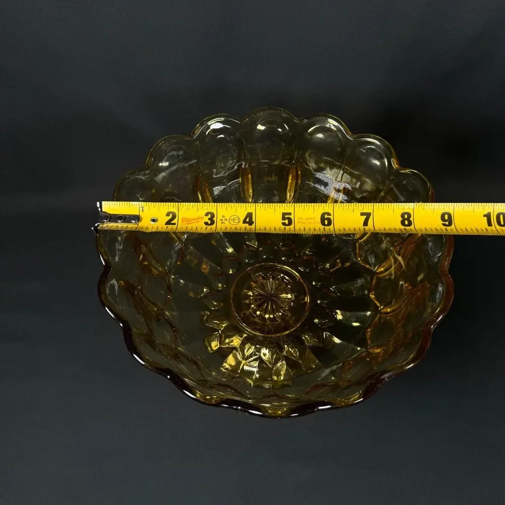 Vintage Amber Scalloped Edge Pedestal Bowl heavy weighted yellow glass